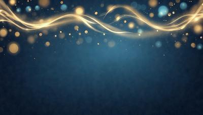 The primary subject of the image is a blue background with a pattern of golden lights. The setting is a dark blue sky, and the visual style is a digital art or illustration. The colors and mood of the image are predominantly dark and moody, with the golden lights adding a touch of warmth and brightness.