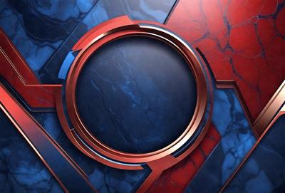 The primary subject of the image is a large, circular, red and blue design. The setting is a marbled surface, which adds a sense of depth and texture to the scene. The visual style is a combination of digital art and illustration, creating a unique and eye-catching design. The dominant colors are red and blue, which evoke a sense of energy and vibrancy.