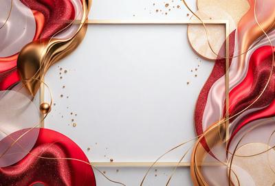 The primary subject of the image is a white frame with a gold border. The setting is a white background, and the visual style is a combination of digital art and illustration. The colors and mood of the image are predominantly gold and red, creating a warm and inviting atmosphere.