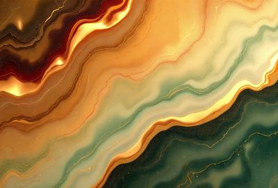 The primary subject of the image is a colorful, abstract art piece featuring a mix of green, yellow, and orange hues. The setting is a wall, and the visual style appears to be a combination of digital art and illustration. The colors and mood of the artwork create a vibrant and lively atmosphere.