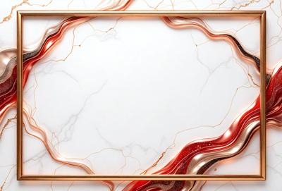 The primary subject of the image is a marble countertop with a gold frame. The setting is a kitchen or a similar environment, as the countertop is a prominent feature in the scene. The visual style is a combination of a photo and digital art, creating a unique and eye-catching design. The colors and mood of the image are predominantly gold and red, giving it a warm and luxurious appearance.