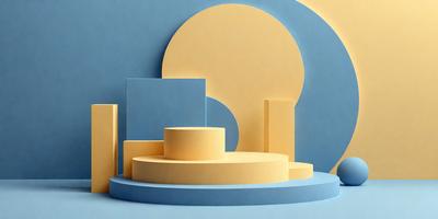 The primary subject of the image is a yellow and blue building, which is the main focus of the scene. The building is situated in front of a blue background, creating a contrast between the two colors. The visual style of the image is a combination of digital art and illustration, as it appears to be a 3D model or a digital drawing. The colors and mood of the image are predominantly blue and yellow, giving it a vibrant and lively atmosphere.