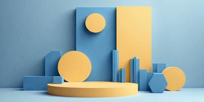 The primary subject of the image is a yellow and blue geometric shape, which appears to be a piece of art or a decorative item. The setting is a blue and yellow background, which complements the colors of the geometric shape. The visual style of the image is a combination of digital art and illustration, creating a unique and eye-catching design. The dominant colors of the image are yellow and blue, which evoke a sense of warmth and energy.