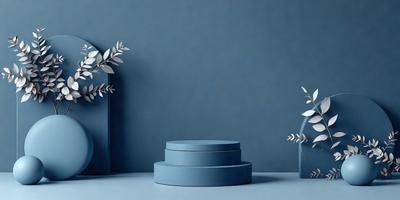 The primary subject of the image is a blue table with three blue boxes on it. The setting is a blue wall, which creates a cohesive and visually appealing environment. The visual style is a photo, capturing the details and colors of the objects. The colors and mood of the image are predominantly blue, giving it a calm and serene atmosphere.