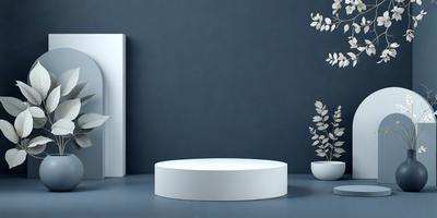 The primary subject of the image is a white round table, which is placed on a blue surface. The table is positioned in front of a wall, and there are two potted plants nearby. One plant is located on the left side of the table, while the other is on the right side. The visual style of the image is a photo, and the colors and mood convey a sense of calmness and simplicity.