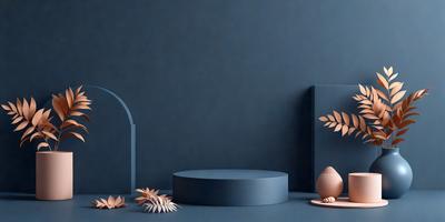 The primary subject of the image is a blue table with a round object on it. The table is placed in front of a blue wall, which serves as the setting. The visual style of the image is a photo, and the dominant colors are blue and white. The overall atmosphere of the image is calm and serene.