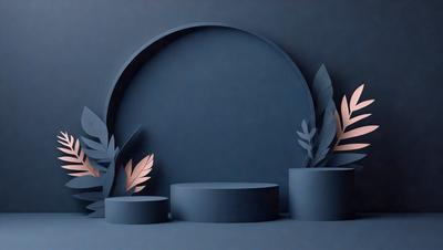The primary subject of the image is a blue wall with a decorative design. The setting is a dark room, and the visual style appears to be a combination of digital art and illustration. The dominant colors are blue and black, creating a moody atmosphere. The wall features a circular design with a leaf pattern, and there are three vases placed on the wall, each with a different height and position. The vases are also decorated with leaves, adding to the overall aesthetic of the scene.