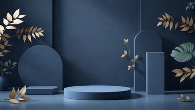 The primary subject of the image is a blue wall with a decorative arrangement of leaves and flowers. The setting is a room with a blue background, and the visual style appears to be a photo. The colors and mood of the image are predominantly blue, creating a calm and serene atmosphere.