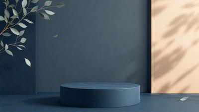 The primary subject of the image is a blue table or round object, which is placed against a blue wall. The setting appears to be a room with a window, and the visual style is a photo. The dominant colors in the image are blue, which creates a calm and serene atmosphere.