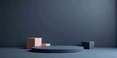 The primary subject of the image is a blue table with a white circle on top of it. The table is placed in a setting with a gray wall in the background. The visual style of the image is a photo, and the dominant colors are blue and white. The overall atmosphere of the image is minimalistic and clean.