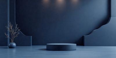 The primary subject of the image is a large, round, blue object placed in a dark room. The setting is a dark room with a blue wall, and the visual style appears to be a photo. The colors and mood of the image are predominantly dark and moody, with the blue object being the main focal point.