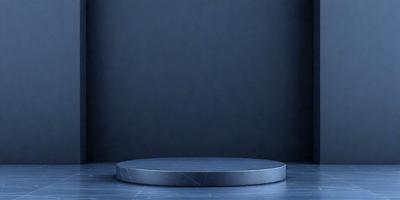 The primary subject of the image is a large, round, blue object, possibly a table or a circular platform, placed on a blue surface. The setting appears to be a dark room, with the blue object being the main focus of the image. The visual style is a close-up of the blue object, emphasizing its shape and color. The colors and mood of the image are predominantly blue, creating a calm and serene atmosphere.