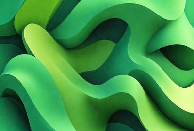 The primary subject of the image is a green, curved, and wavy surface that resembles a piece of art or a sculpture. The setting is a wall, and the visual style appears to be a digital art or illustration. The colors and mood of the image are predominantly green, creating a calm and soothing atmosphere.