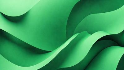 The primary subject of the image is a green, curved, and wavy surface, which appears to be a piece of art or a sculpture. The setting is a room with a green background, and the visual style is a combination of photo and digital art. The colors and mood of the image are predominantly green, creating a sense of calmness and harmony.
