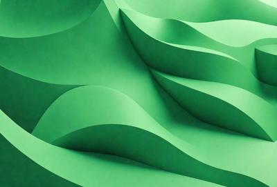 The primary subject of the image is a green, curved, and wavy surface, which appears to be a piece of art or a sculpture. The setting is a white background, which contrasts with the green surface. The visual style is a combination of digital art and illustration, creating a unique and eye-catching design. The colors and mood of the image are predominantly green, giving it a calming and serene atmosphere.