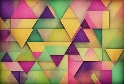 The primary subject of the image is a colorful, geometric pattern made up of triangles and squares. The setting is a colorful background, which adds to the vibrant atmosphere of the scene. The visual style is a combination of digital art and illustration, creating a unique and eye-catching design. The dominant colors in the image are pink, yellow, green, and purple, which contribute to a lively and cheerful mood.