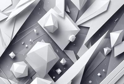 The primary subject of the image is a collection of white geometric shapes, including triangles and cubes, arranged in a visually appealing manner. The setting is a white background, which provides a clean and minimalist appearance. The visual style is a combination of digital art and illustration, creating a unique and intriguing design. The colors and mood of the image are predominantly white, giving it a clean, modern, and sophisticated feel.