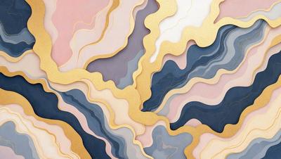The primary subject of the image is a colorful, abstract artwork featuring a mix of gold, blue, and pink colors. The setting is a white background, which provides a clean and minimalist appearance. The visual style is a combination of digital art and illustration, creating a unique and eye-catching design. The colors and mood of the artwork are vibrant and lively, evoking a sense of creativity and artistic expression.