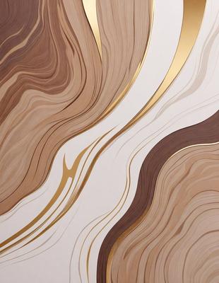 The primary subject of the image is a wooden wall with a pattern of gold and brown stripes. The setting is a room with a white background, which contrasts with the wooden wall. The visual style is a combination of a photo and digital art, creating a unique and intricate design. The dominant colors are gold and brown, giving the wall a warm and elegant appearance.