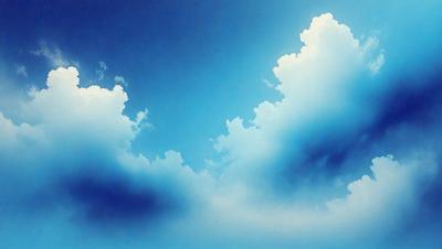 The primary subject of the image is a cloudy blue sky with white clouds. The setting is a bright, sunny day with a clear blue sky. The visual style is a painting, which gives the image a vibrant and artistic appearance. The dominant colors are blue and white, creating a serene and peaceful atmosphere.