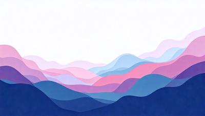 The primary subject of the image is a mountain range, with a blue sky serving as the backdrop. The visual style is a combination of digital art and illustration, creating a vibrant and dynamic scene. The colors and mood of the image are predominantly blue and purple, giving the impression of a serene and peaceful landscape.