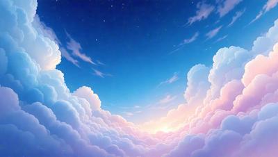The primary subject of the image is a cloudy sky with a few clouds scattered throughout. The setting is a nighttime scene with a few stars visible in the sky. The visual style is a digital art or illustration, creating a whimsical and dreamy atmosphere. The colors are predominantly shades of blue and white, with the clouds adding a touch of pink. The overall mood of the image is serene and peaceful.