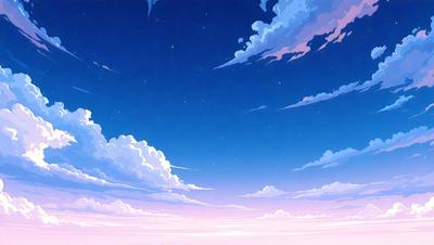 The primary subject of the image is a beautiful blue sky filled with clouds. The setting is a vast, open space with a clear view of the sky. The visual style is a digital art or illustration, creating a serene and peaceful atmosphere. The dominant colors are blue and white, with the clouds adding a touch of gray and pink.