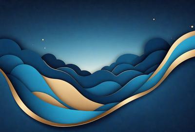 The primary subject of the image is a blue and gold wave design. The setting is a blue background, and the visual style appears to be a combination of digital art and illustration. The dominant colors are blue and gold, creating a calm and serene atmosphere.