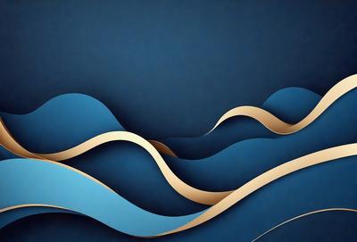 The primary subject of the image is a blue wave, which is the main focus of the scene. The setting is a dark blue background, creating a contrasting and dramatic effect. The visual style is a combination of digital art and illustration, giving the image a unique and artistic appearance. The dominant colors are blue and gold, with the blue wave being the most prominent feature, and the gold accents adding a touch of warmth to the overall atmosphere.