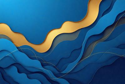 The primary subject of the image is a blue and gold ocean scene. The setting is a blue ocean with a gold and blue wave pattern. The visual style is a digital art or illustration, creating a vibrant and colorful atmosphere. The dominant colors are blue and gold, with the blue ocean and gold wave pattern creating a sense of depth and movement.
