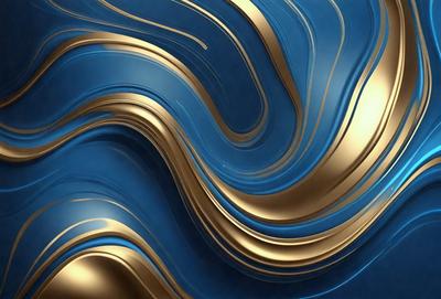 The primary subject of the image is a blue and gold patterned surface, which appears to be a wallpaper or a textured wall. The setting is a room with a blue and gold color scheme. The visual style is a combination of digital art and illustration, creating a unique and eye-catching design. The dominant colors are blue and gold, giving the space a luxurious and elegant atmosphere.