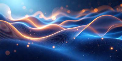 The primary subject of the image is a blue and orange wave pattern. The setting is a blue background, and the visual style appears to be a digital art or illustration. The dominant colors are blue and orange, creating a vibrant and energetic atmosphere.