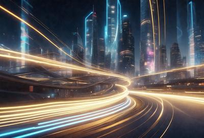 The primary subject of the image is a futuristic cityscape with a highway filled with traffic. The setting is a city at night, with tall buildings and a bridge visible in the background. The visual style is a combination of photo and digital art, creating a dynamic and vibrant atmosphere. The dominant colors are blue and yellow, which contribute to the futuristic and energetic mood of the scene.