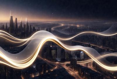 The primary subject of the image is a futuristic cityscape with a large, curved, and illuminated structure in the foreground. The setting is a dark city at night, with the buildings and streets lit up by artificial lighting. The visual style is a combination of photo and digital art, creating a unique and captivating scene. The colors and mood of the image are predominantly dark and moody, with the illuminated structures and lights providing a contrasting and striking effect.