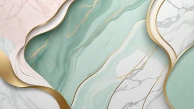The primary subject of the image is a marble wall with a gold design. The setting is a room with a marble wall, and the visual style is a combination of photo and digital art. The dominant colors are gold and marble, creating a luxurious and elegant atmosphere.