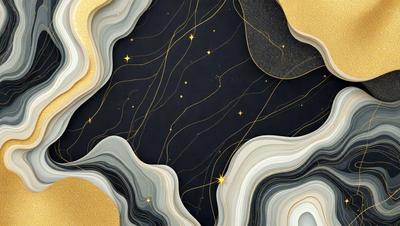 The primary subject of the image is a painting of a starry night sky. The setting is a black background, which contrasts with the gold stars and the white clouds. The visual style is a combination of digital art and illustration, creating a unique and captivating scene. The colors and mood of the painting are predominantly dark, with the gold stars and white clouds adding a touch of warmth and brightness to the overall atmosphere.