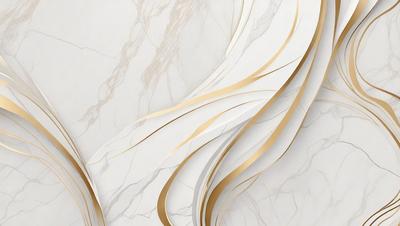 The primary subject of the image is a marble wall with a gold design. The setting is a room with a white marble wall, and the visual style is a combination of photo and digital art. The dominant colors are white and gold, creating a luxurious and elegant atmosphere.
