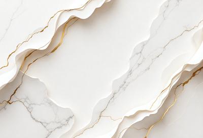 The primary subject of the image is a white marble wall with gold accents. The setting is a room with a white marble wall as the main focus. The visual style is a combination of a photo and digital art, creating a unique and intricate pattern. The dominant colors are white and gold, giving the wall a luxurious and elegant appearance.