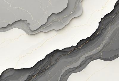 The primary subject of the image is a large, gray and white rock wall. The setting is a rocky, mountainous environment. The visual style is a combination of photo and digital art, creating a unique and intricate pattern. The dominant colors are gray and white, with some yellow accents, giving the scene a cool and natural atmosphere.