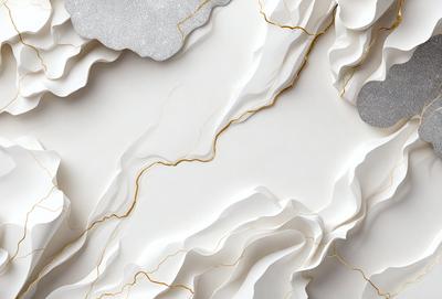 The primary subject of the image is a white marble wall with a gold-colored design. The setting is a room with a white marble wall as the main focus. The visual style is a combination of digital art and illustration, creating a unique and intricate design. The colors and mood of the image are predominantly white and gold, giving it a luxurious and elegant appearance.