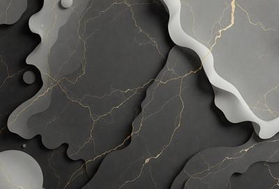 The primary subject of the image is a close-up of a marble surface with a pattern of gold and black. The setting is a room with a gray background. The visual style is a combination of a photo and digital art, creating a unique and intricate design. The colors and mood of the image are predominantly black and gold, giving it a luxurious and elegant appearance.