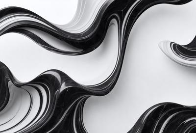 The primary subject of the image is a black and white patterned wallpaper. The setting is a white wall, and the visual style is a combination of a photo and digital art. The dominant colors are black and white, creating a bold and striking pattern. The overall atmosphere is modern and contemporary.