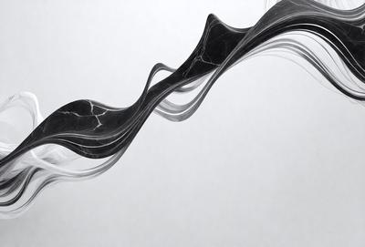 The primary subject of the image is a black and white drawing of a wave. The setting is a white background, and the visual style is a digital art or illustration. The dominant colors are black and white, creating a minimalist and artistic atmosphere.