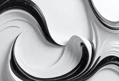 The primary subject of the image is a black and white artwork, possibly a painting or a drawing, featuring a wave-like pattern. The setting is a white background, which provides a clean and minimalist appearance. The visual style is a combination of digital art and traditional painting techniques. The colors in the artwork are predominantly black and white, creating a sense of depth and contrast. The overall atmosphere of the image is elegant and sophisticated.