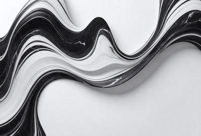 The primary subject of the image is a large, black and white painting of a wave. The painting is displayed on a white wall, creating a striking contrast between the artwork and the background. The visual style of the painting is reminiscent of a digital art or illustration, with a focus on the wave's movement and texture. The dominant colors in the painting are black and white, which contribute to the overall mood of the artwork, evoking a sense of calmness and tranquility.