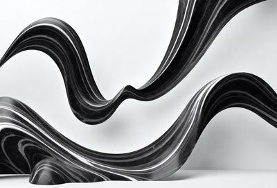 The primary subject of the image is a black and white sculpture of a curved, flowing form. The sculpture is displayed on a white surface, which serves as the setting and background. The visual style of the image is a combination of digital art and illustration, creating a striking contrast between the black and white sculpture and the white background. The colors and mood of the image are predominantly black and white, giving it a modern and minimalist appearance.
