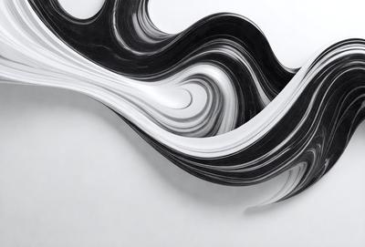 The primary subject of the image is a black and white painting or drawing of a wave. The setting is a white wall, and the visual style appears to be a combination of digital art and illustration. The dominant colors are black and white, creating a dramatic and artistic atmosphere.