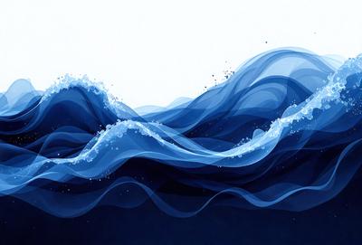 The primary subject of the image is a large wave in the ocean. The wave is blue and white, and it appears to be crashing onto the shore. The setting is the ocean, with the wave being the main focus of the image. The visual style is a combination of digital art and illustration, creating a dynamic and realistic representation of the wave. The dominant colors are blue and white, with the blue wave contrasting against the white ocean foam. The overall atmosphere of the image is one of power and beauty, as the wave
