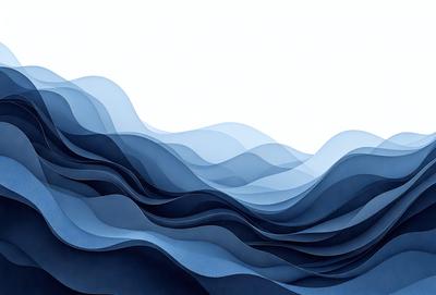 The primary subject of the image is a large body of water, which appears to be a blue ocean. The setting is a white background, which contrasts with the water. The visual style is a digital art or illustration, as the water is depicted in a fluid and dynamic manner. The colors and mood of the image are predominantly blue, creating a serene and calming atmosphere.