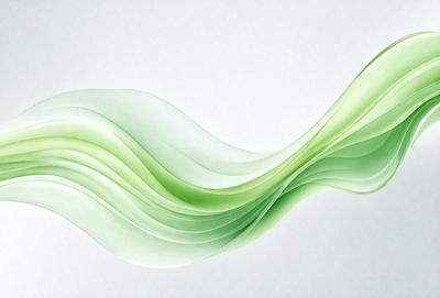 The primary subject of the image is a green, flowing, and curling piece of paper or fabric. The setting is a white background, which provides a clean and minimalist appearance. The visual style is a combination of a photo and a digital art or illustration, as the paper or fabric appears to be both real and manipulated. The colors and mood are predominantly green, giving the image a fresh and natural feel.